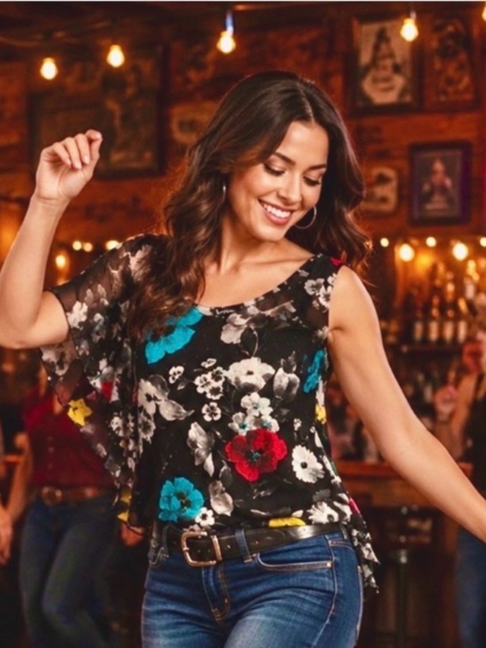 LE CHATEAU Bohemian Y2K Black Floral One-Shoulder Blouse Sz S